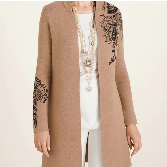 Chico's Long Camel Cardigan with Black Floral Embroidered Design EUC - Picture 3 of 12